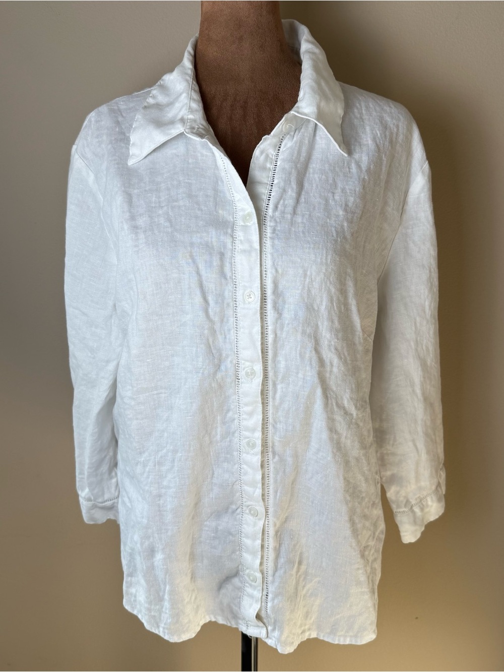 Vintage Y2K Old Navy 100% Linen Button Down Shirt Womens Large White Hemstitched